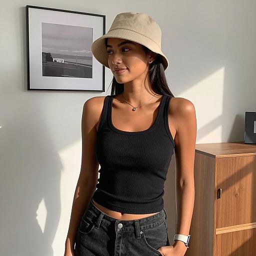 Young woman in beige bucket hat and black tank top
