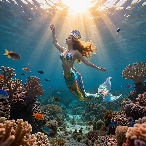 Photograph of a shimmering mermaid with flowing brown hair, wearing a sequined tail, swimming underwater amidst vibrant coral reefs and colorful fish, illuminated