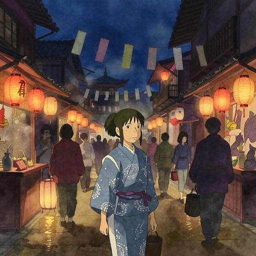 Lantern-lit Japanese Market Street at Night