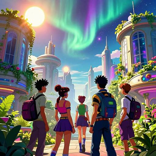 Digital anime-style image of four schoolchildren with backpacks, walking down a vibrant, futuristic city street with aurora-lit sky and lush greenery