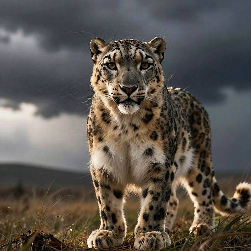 Male Snow Leopard in Stormy Grassland