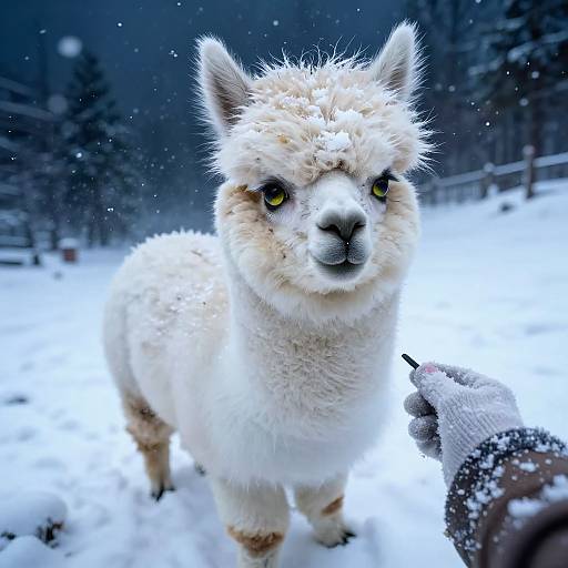 Photograph of a white alpaca with yellow eyes standing in a snowy forest, a gloved hand offering food in the foreground.