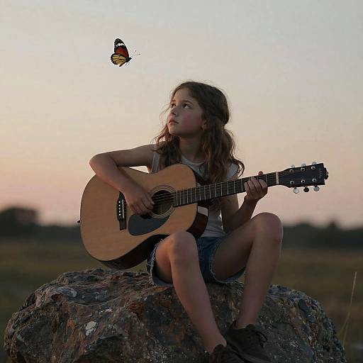 Photograph of a young girl with long brown hair, playing a guitar on a rock, watching a butterfly at sunset.