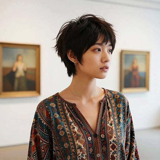 Photograph of an Asian woman with short black hair, wearing a patterned V-neck blouse, standing in an art gallery with blurred portraits in the background