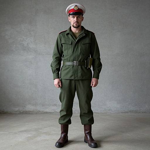 Photograph of a bearded white man in a military-style green uniform, white cap with red band, black boots, standing against a gray concrete wall
