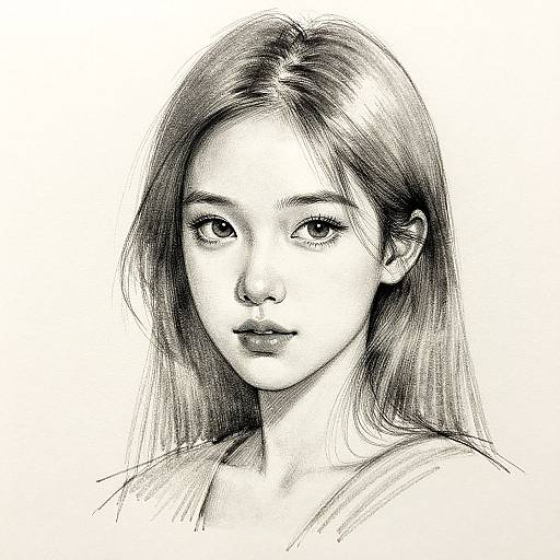 Black-and-white digital sketch of a young Asian woman with long, straight hair, large eyes, and a neutral expression, wearing a simple top. Detailed