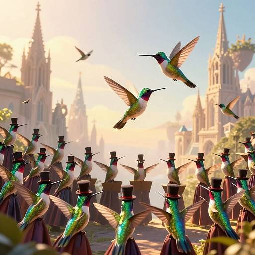 Photograph of vibrant hummingbirds with iridescent green and purple feathers, flying around black-topped feeders, set against a sunlit, Gothic