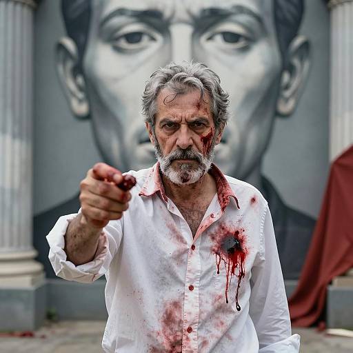 Blood-Stained Man in Front of Mural