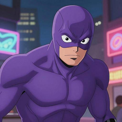Digital anime-style drawing of a muscular, purple-clad Batman with a determined expression, set against a neon-lit urban night background.