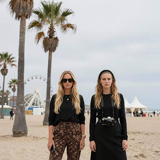 Two Women on Beach with Ferris Wheel