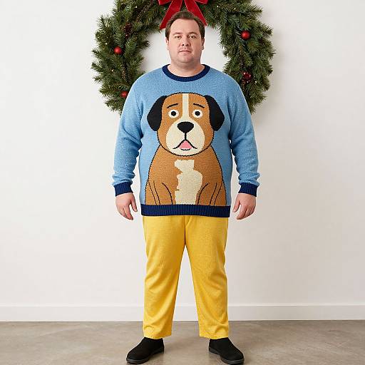 Photograph of a plus-sized man wearing a blue sweater with a cartoon dog graphic, yellow pants, and black socks, standing in front of a Christmas