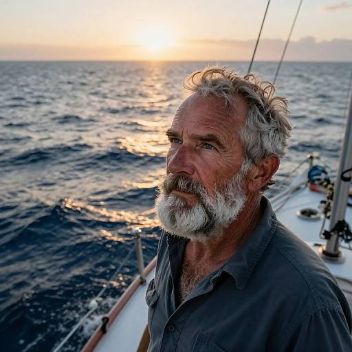 Photograph of an older, white-haired, bearded man with a serious expression, wearing a gray shirt, standing on a sailboat at sunset,