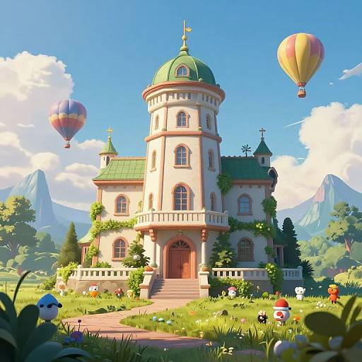 Whimsical digital illustration of a fairy-tale castle with green dome, surrounded by colorful balloons, mushrooms, and vibrant flowers under a bright blue sky