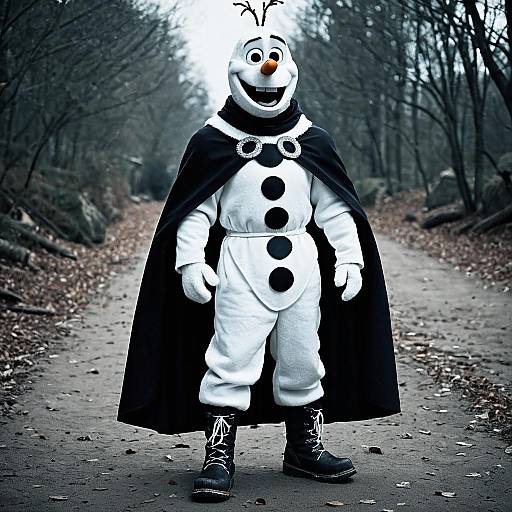 Person in Olaf Costume with Black Cape on Forest Path