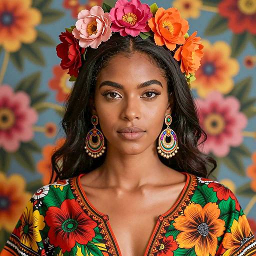 Woman with Floral Headpiece and Colorful Dress