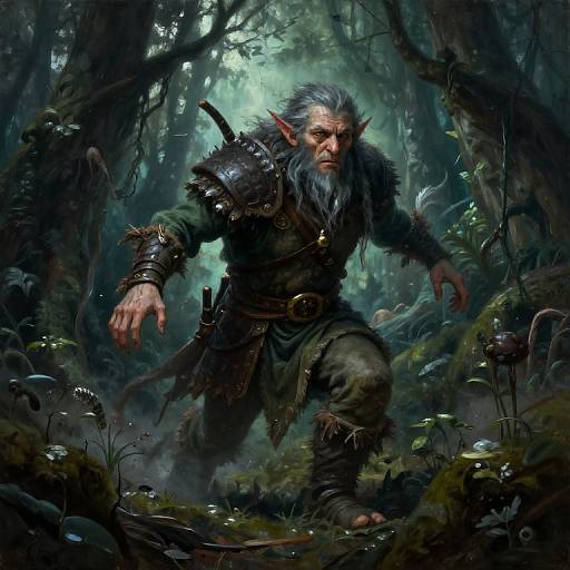 Digital fantasy art: Grizzled, muscular orc warrior with pointed ears, gray beard, and dark armor, crouches in a dense, mystical