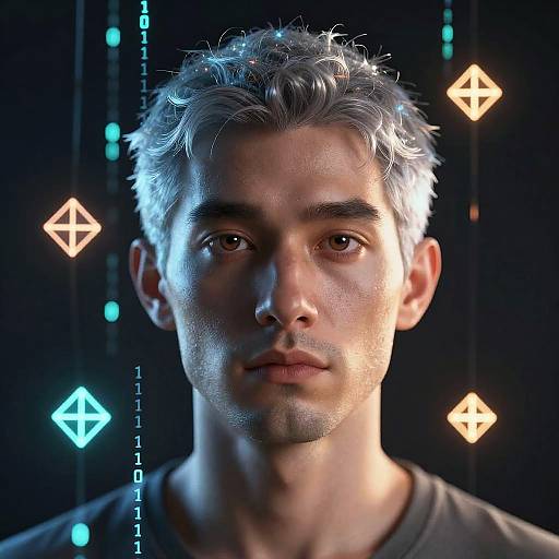 Digital CGI portrait of a young man with silver hair, intense gaze, illuminated by glowing neon symbols in a dark background.