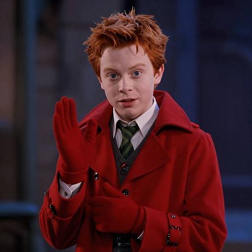 Photograph of a young man with red hair, wearing a red coat, green tie, and red gloves, making a waving gesture, against a dark