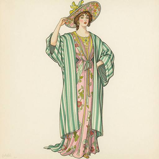 Illustration of a woman in a green-striped kimono with pink floral dress, holding a wide-brimmed floral hat, standing confidently.