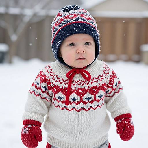 Photograph of a chubby, fair-skinned baby with blue eyes, wearing a white knit sweater with red and blue patterns, red mittens, and