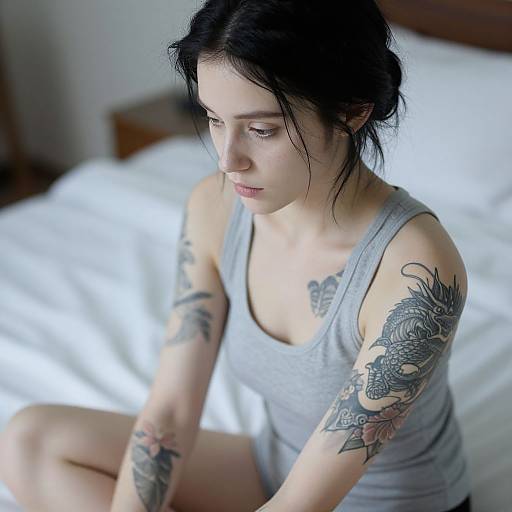 Contemplative Woman with Detailed Tattoos