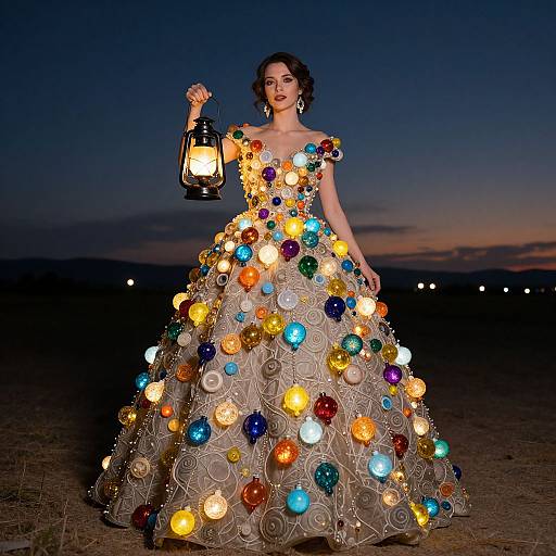 Photograph of a woman in a colorful, illuminated ball gown holding a lantern, set against a twilight desert sky.