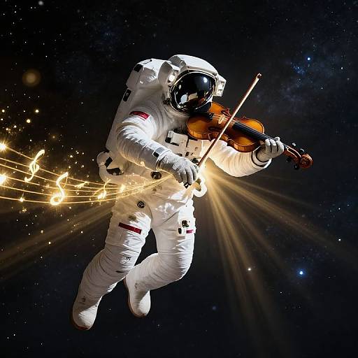 Photograph of an astronaut in white spacesuit floating in space, playing a violin with glowing musical notes, against a starry background.