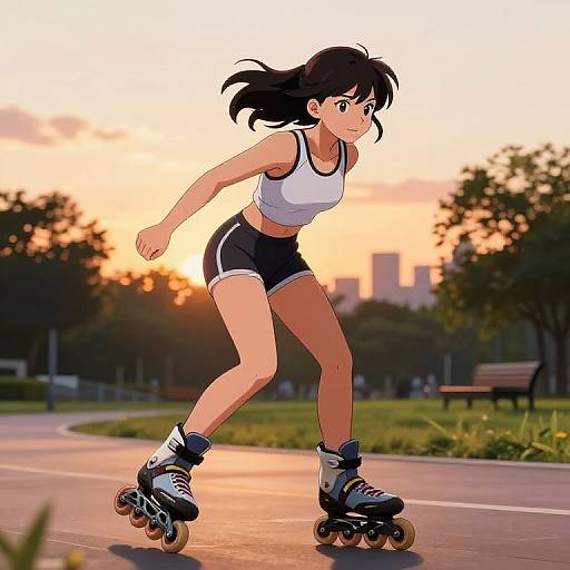 Digital anime-style drawing of a young woman with black hair, wearing a white sports bra and black shorts, rollerblading in a park at sunset.