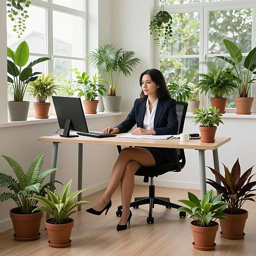Photograph of a focused woman in a black suit and heels, working at a wooden desk with potted plants, in a bright, sunlit office
