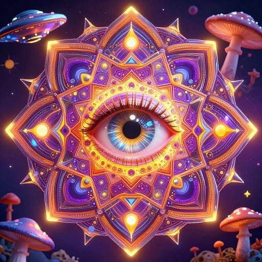 Digital artwork of a glowing, intricate, purple and orange mandala centered on a vivid blue eye, surrounded by floating mushrooms in a dark, starry