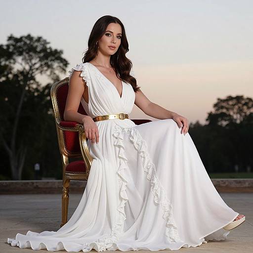 Photograph of a beautiful brunette woman with wavy hair, wearing a white, deep V-neck gown with gold belt, seated on a red and gold