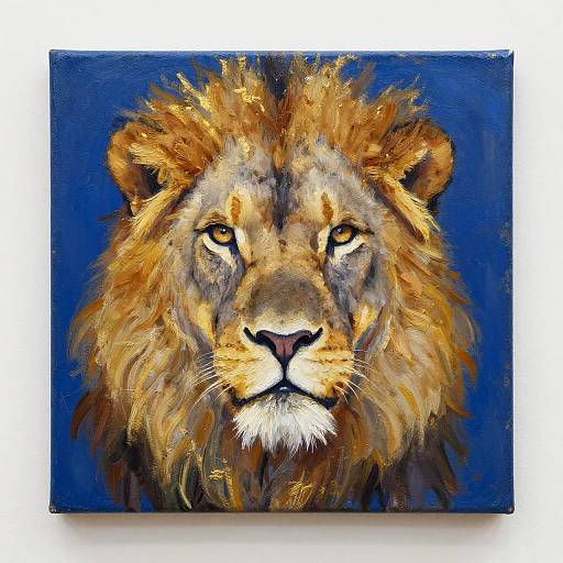 Digital painting of a majestic lion with a golden mane against a deep blue background, showcasing detailed fur textures and intense, piercing eyes.