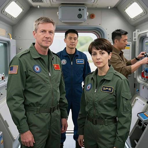 Crew in Spaceship Interior with Equipment