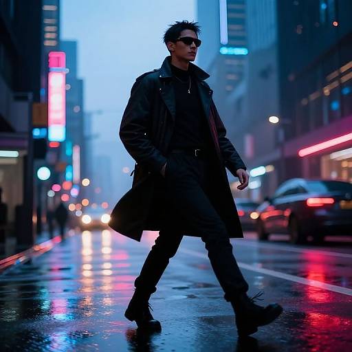 Photograph of a dark-haired man in a long black coat and sunglasses, walking on a neon-lit, rainy city street at night.