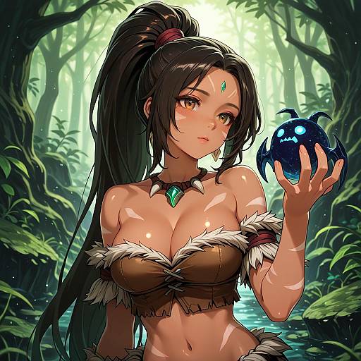 Illustration of Nidalee, league of legends in the style of Yoban