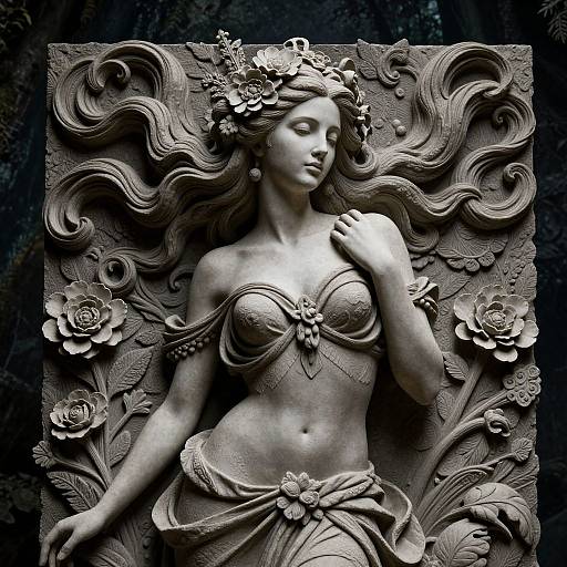 Photograph of a detailed, grayscale stone sculpture of a serene, topless mermaid with flowing hair, floral crown, and ornate arm and waist