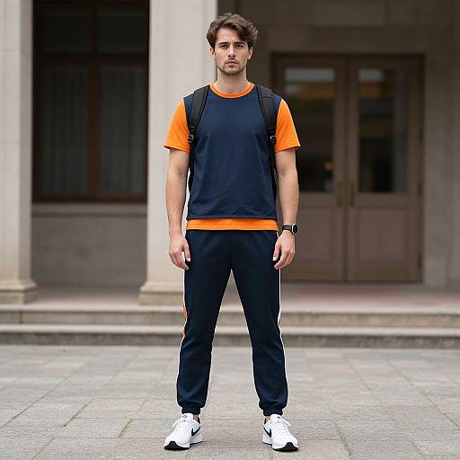 Photograph of a young man with short brown hair, wearing a black and orange athletic shirt, black pants, white sneakers, and a black backpack,