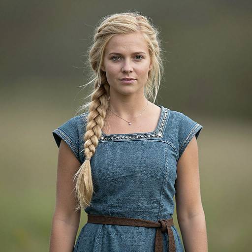Photograph of a blonde woman with a braid, wearing a blue, short-sleeved, square-neck dress with brown belt, standing outdoors against