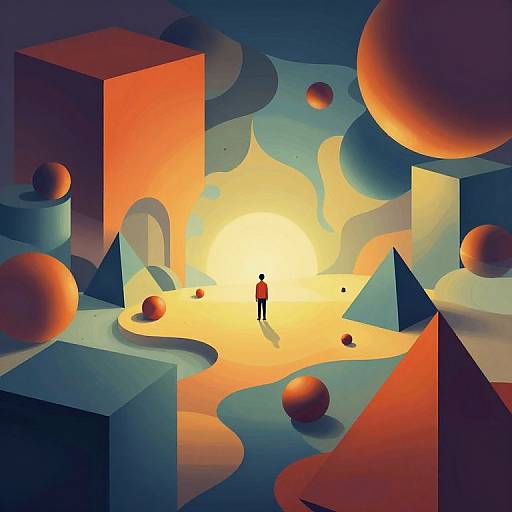 Digital artwork of a silhouetted figure in a red shirt standing in a surreal, colorful landscape with geometric shapes, floating spheres, and a glowing