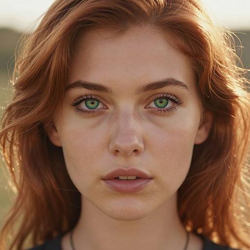 Close-up photograph of a young woman with fair skin, green eyes, and red hair, looking directly at the camera with a neutral expression, sunlight illumin