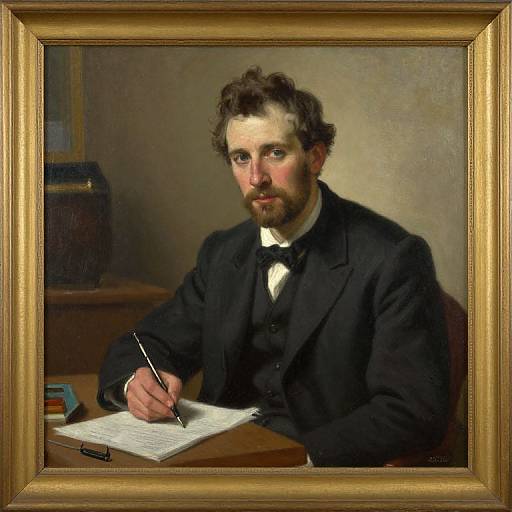 Photorealistic oil painting of a bearded man in a black suit and bow tie, writing with a quill, framed in a gold frame.