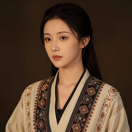 Photograph of an East Asian woman with long black hair, fair skin, and almond-shaped eyes, wearing an ornate traditional Korean hanbok with