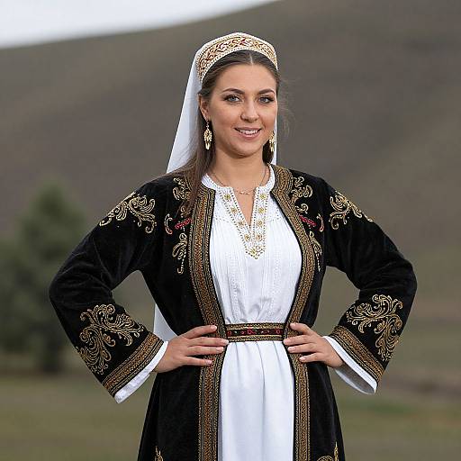Photograph of a smiling woman with fair skin, dark brown hair, and medium build, wearing a black embroidered dress with white blouse, white headscar