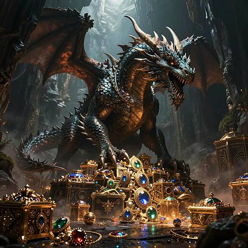 Digital painting of a towering, blue-scaled, silver-spiked dragon standing over a glittering treasure hoard of ornate, jewel-encr