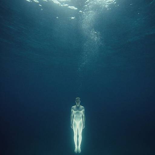Photograph of a nude, light-skinned person with a slim build and short hair, standing underwater, illuminated by a glowing light from below, surrounded