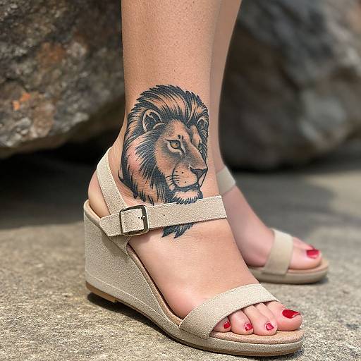 Photograph of a woman's foot with a detailed black and brown lion tattoo on her ankle, wearing beige wedge sandals with red nail polish, against a