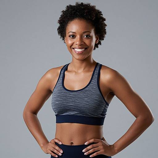 Photograph of a smiling, athletic, dark-skinned woman with short curly hair, wearing a blue sports bra, standing against a light gray background.