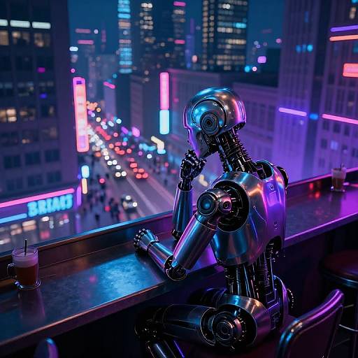 Photograph of a metallic, humanoid robot sitting on a city balcony at night, gazing at a vibrant, neon-lit urban skyline.