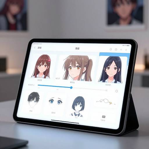 Photograph of a black tablet on a white desk, displaying a screen with three anime-style female character portraits and two male silhouettes. Background blurred
