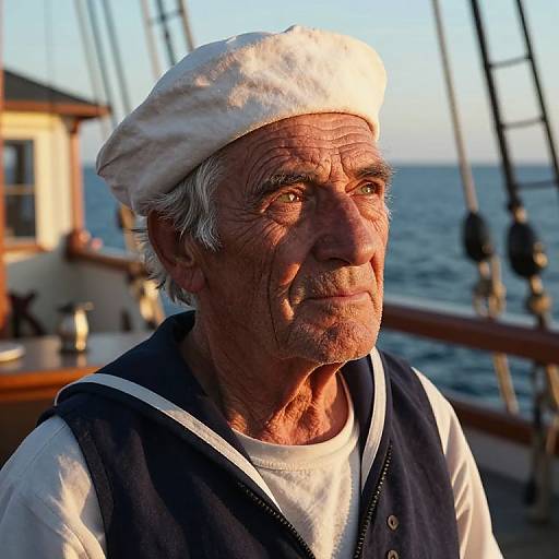Photograph of an elderly, weathered sailor with white hair, deep wrinkles, wearing a white cap and navy vest, standing on a sunlit ship